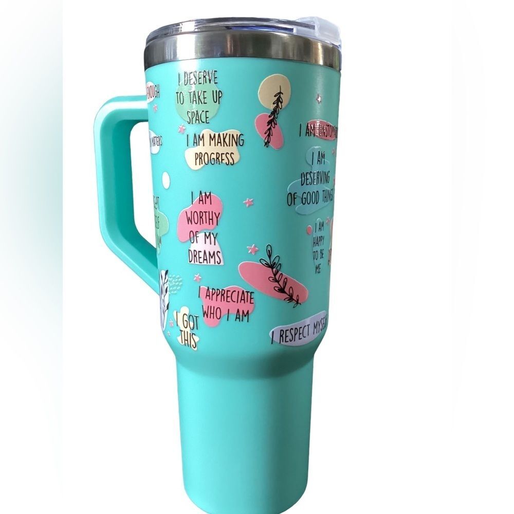 New Affirmations Handmade UVDTF 40oz insulated travel cup‎ light green